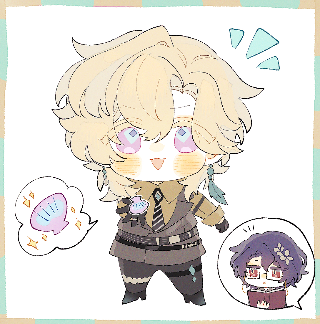 the image is a digital drawing of a chibistyle anime boy with blonde hair and purple eyes. he is wearing a stylized outfit that seems inspired by fantasy or historical elements, and he's holding a small seashell. he has a cheerful expression. in the lower right corner, a smaller chibi character, possibly a companion or friend, is shown reading a book. the art style is soft and pasteltoned, with a light and airy feel.  the overall style is reminiscent of fanart or character designs for online games or social media.