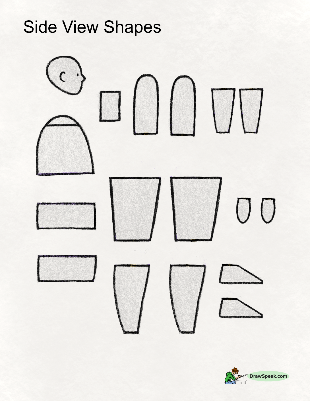 the image contains a worksheet titled "side view shapes". it features various simple geometric shapes arranged in a seemingly random pattern.  the shapes are outlined in black and filled with light gray. a simple drawing of a head is included at the top left. at the bottom right, there's a small logo. the style is childfriendly and suitable for educational purposes, perhaps for teaching basic shapes and spatial reasoning.