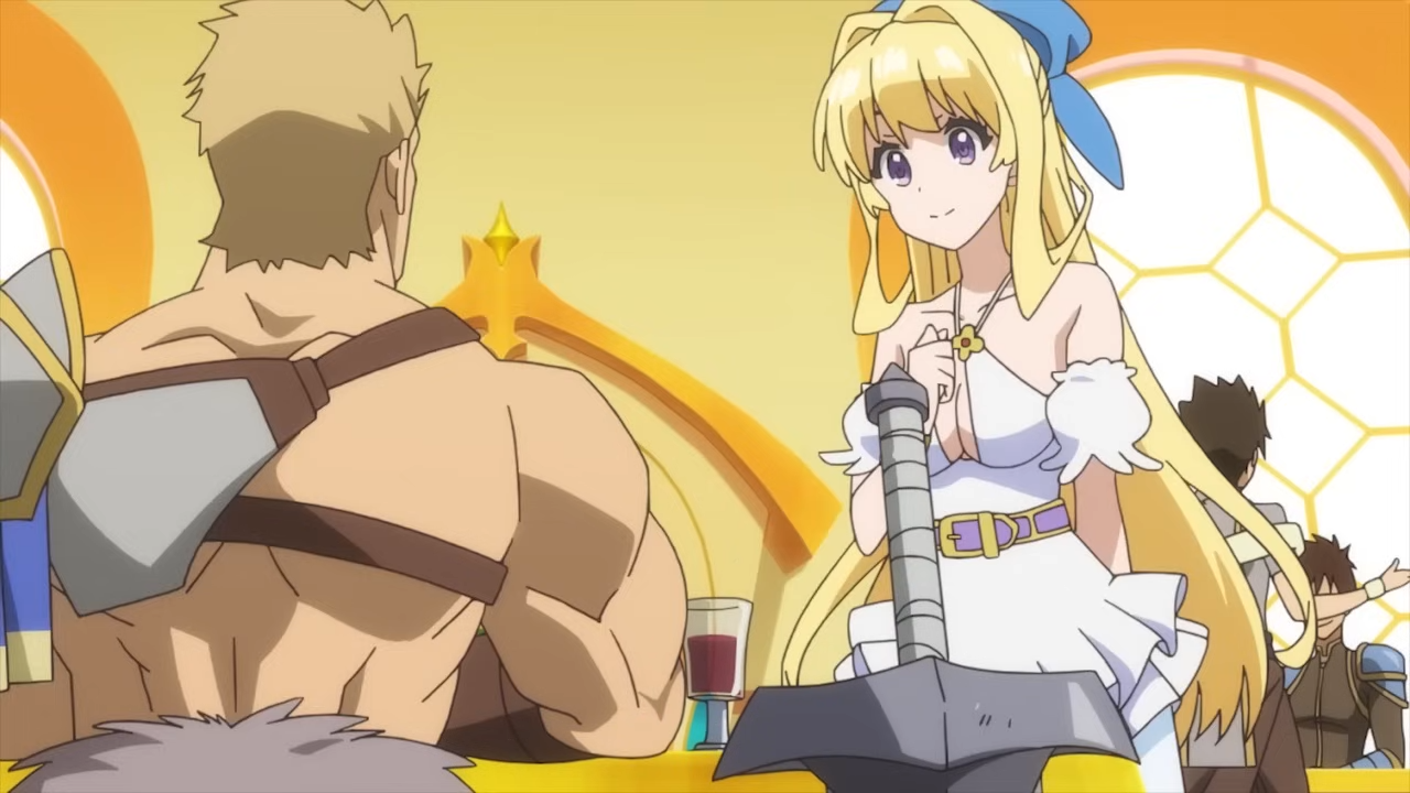 the image shows a scene from an anime, likely set in a fantasy tavern. a blonde woman in a white dress stands holding a large sword, smiling at a muscular, blonde man sitting at a table. the man has his back to the viewer, but appears to be a warrior, with armor and a fur pelt. the tavern is brightly lit and bustling with other patrons in the background.  the scene suggests a lighthearted adventure or fantasy story.