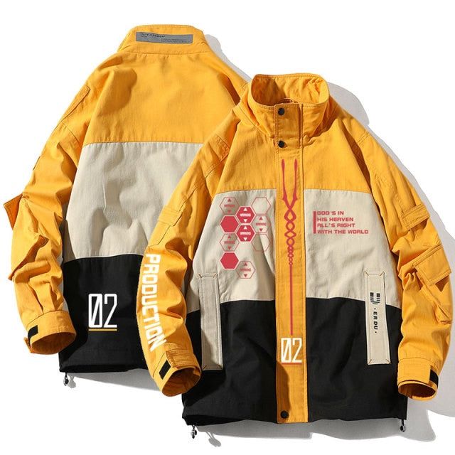 this is a photo of a yellow and black anime inspired jacket with the text "production 02" on the left sleeve and a red graphic design on the right side of the jacket. the jacket is a casual style with a zipper and buttons closure. the jacket is longsleeved with a standup collar.