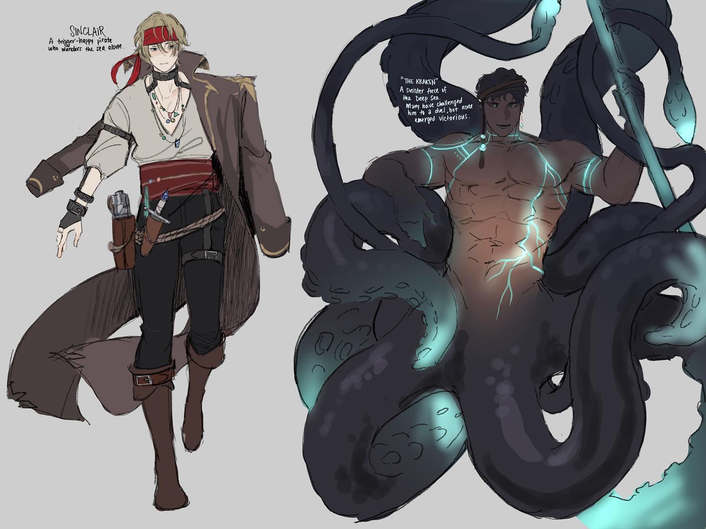 this is an illustration of a pirate battling a kraken. the pirate is wearing a brown coat, red sash, and black pants with boots. the kraken is a large, squidlike creature with a powerful build and a large head. the kraken is surrounded by tentacles, its eyes are glowing a vibrant turquoise color. the pirate is about to strike the kraken with their sword. the scene appears to be a drawing or sketch.