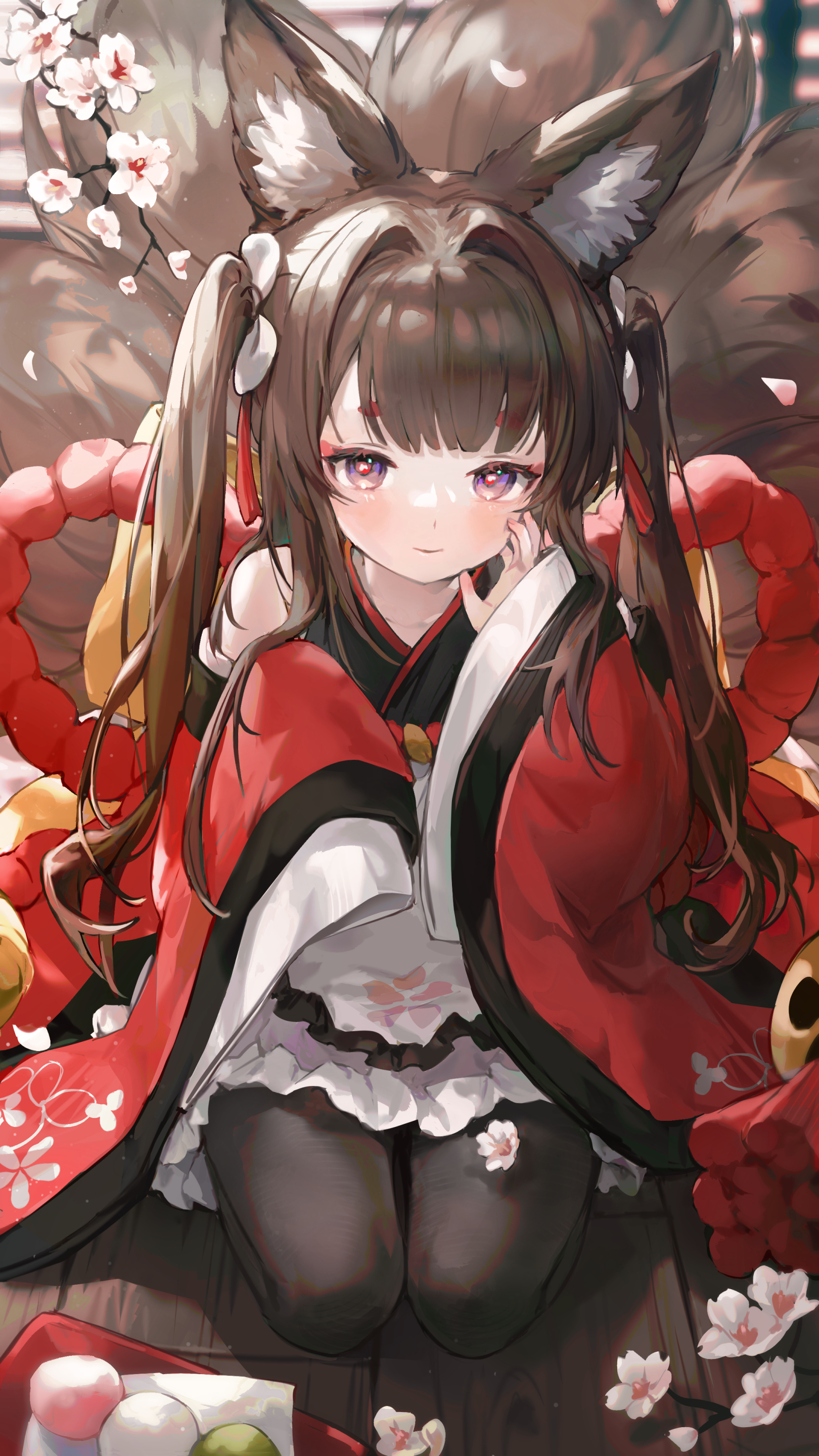 the image showcases an animestyle fox girl, adorned in a vibrant red and black kimono, sitting gracefully. her long brown hair is styled in twintails, and she possesses fox ears and a fluffy tail. delicate cherry blossoms surround her, adding a touch of springtime elegance. she holds a thoughtful expression, and the overall aesthetic is one of kawaii charm and fantasy. the scene also features a plate of mochi, traditional japanese sweets. the artwork is a beautiful blend of digital painting and illustration, showcasing meticulous detail in the character design and the setting.