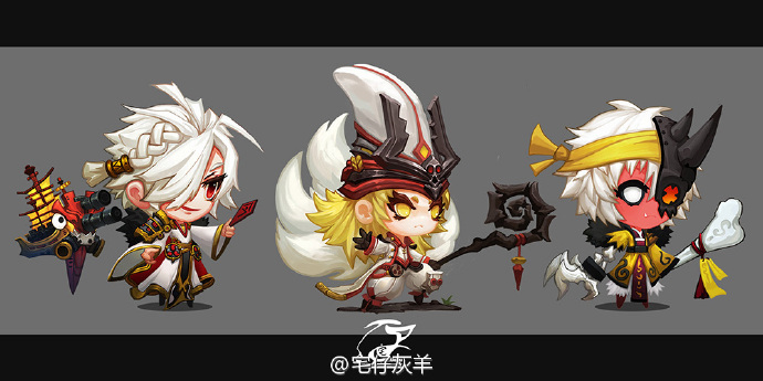 the image showcases concept art for three stylized fantasy characters set against a simple gray background. the characters, rendered in a chibi art style, appear to be inspired by east asian aesthetics. the character on the left wields a large weapon resembling a gun, while the central figure holds a staff and is accompanied by a white foxlike creature. the character on the right also carries a staff and features skeletal elements, such as a skulllike face and a skeletal hand. the characters' designs incorporate vibrant red and gold details against a predominantly white and gray color scheme.