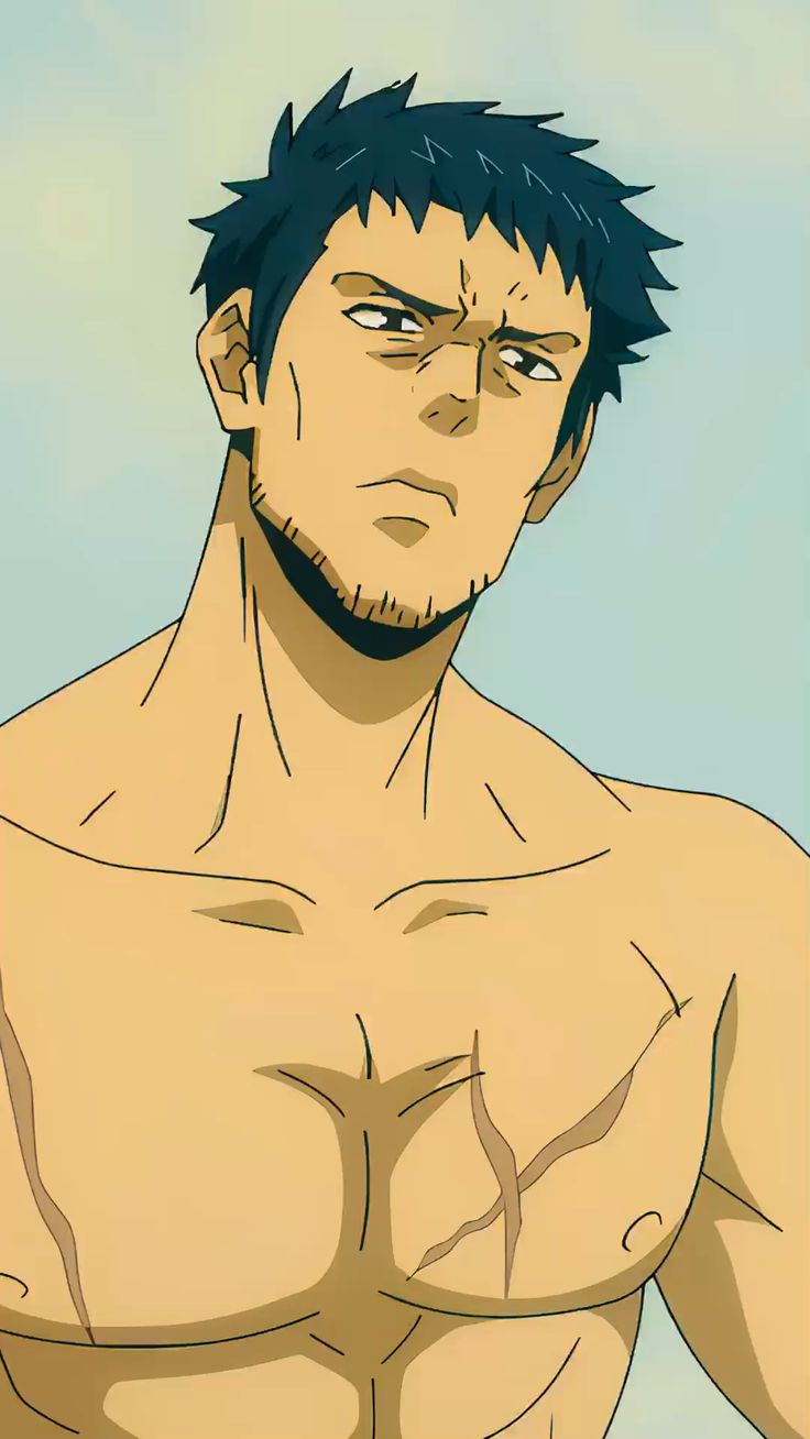 this is a closeup illustration of a muscular man with short, dark hair and a serious expression. he is barechested, revealing a toned physique with scars on his torso. the background is a pale bluegreen, and the overall lighting is soft. his strong jawline and determined gaze suggest a character of strength and resolve.