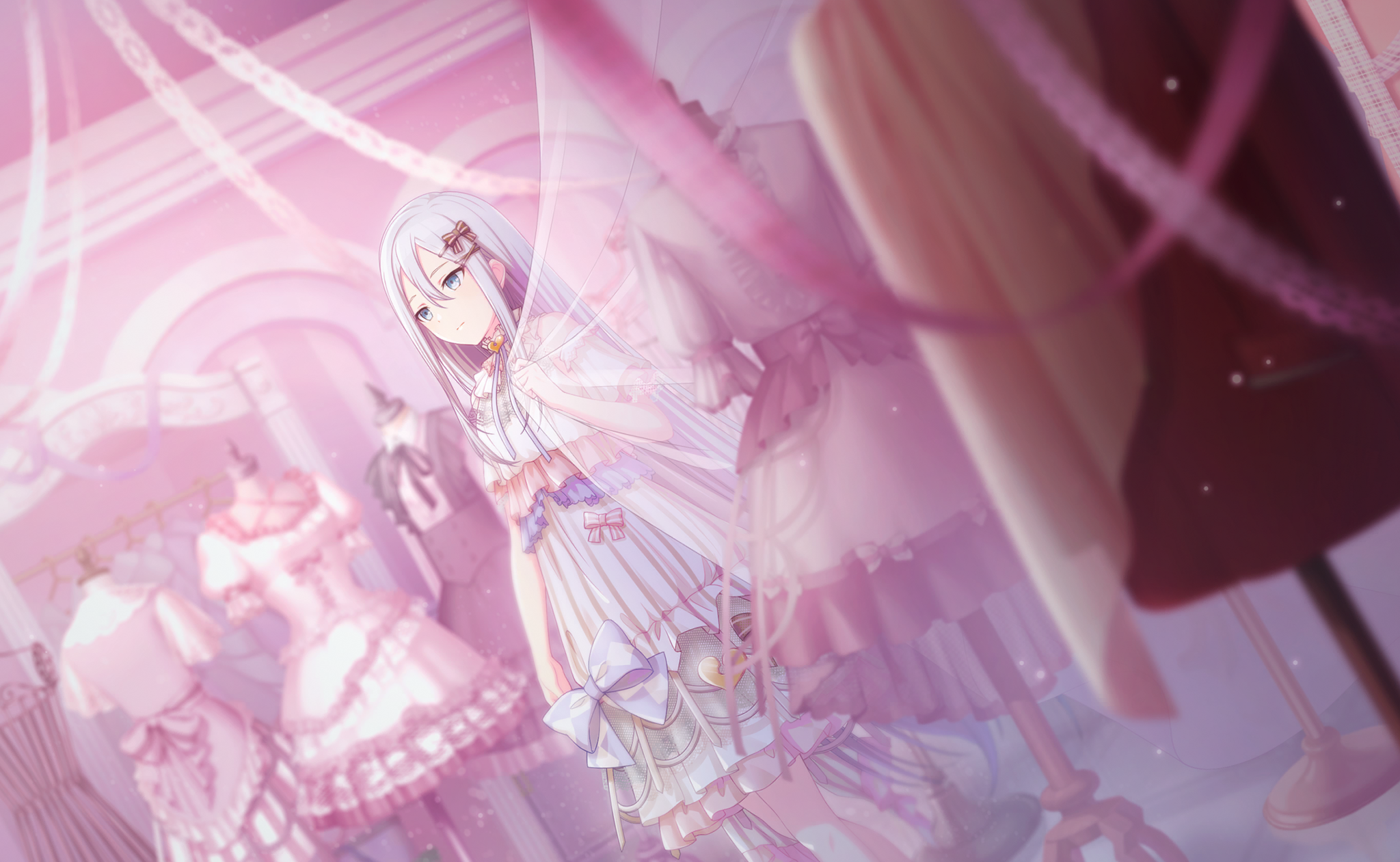 an anime girl with white hair and blue eyes stands in a clothing store surrounded by mannequins dressed in frilly, lacy dresses with ribbons and bows. the color palette is dominated by pink, white, and purple hues.