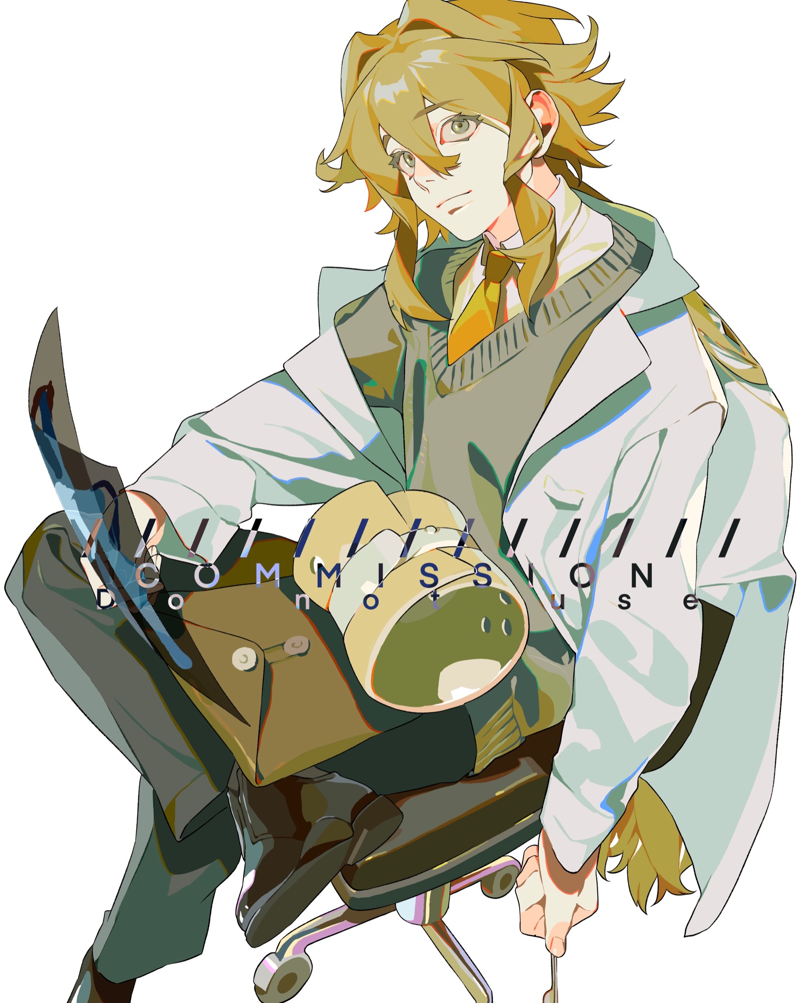 a full body image of a male anime character with light brown wavy hair wearing a gray sweater vest over a white shirt with a yellow tie, and a white coat, and black pants sitting on an office chair and holding a satchel with a document holder on it in one hand and a knife or sword in the other. the text "commission do not use" is across the image.