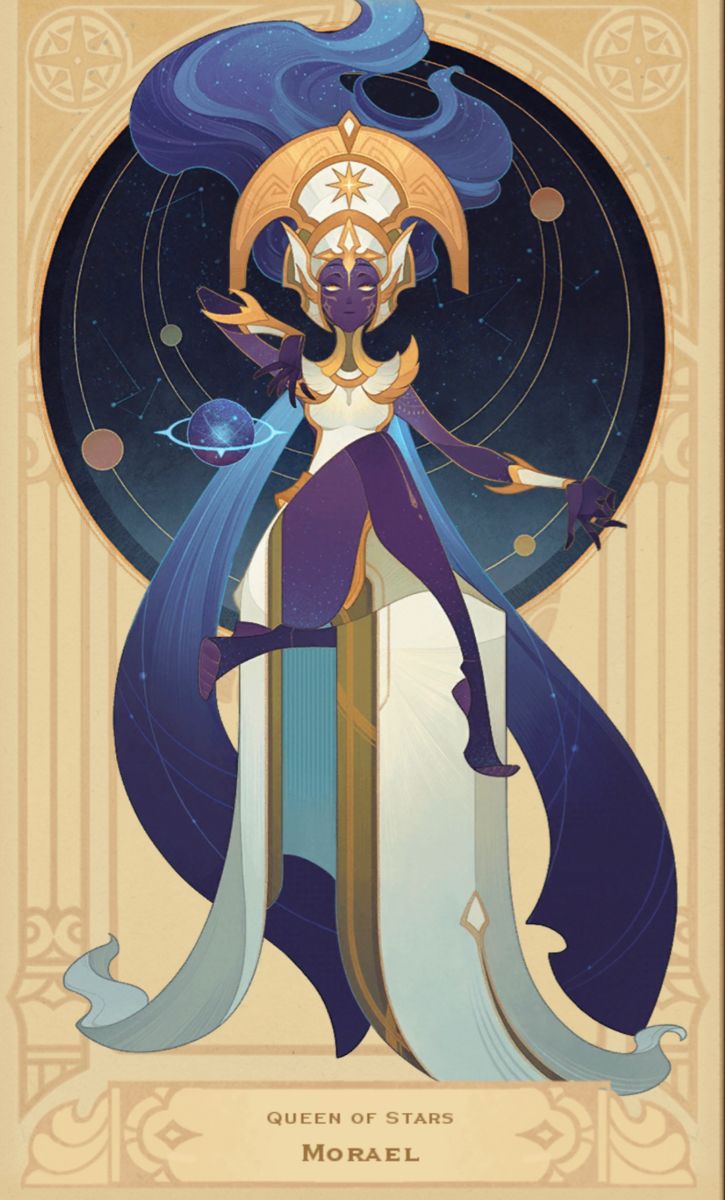 the image depicts a regal, darkskinned woman with flowing blue hair, adorned in gold and white attire. she's posed gracefully against a backdrop of a circular frame with stylized planets and stars, evoking a celestial and mystical aura. the art style is reminiscent of art nouveau, with ornate borders and a focus on flowing lines. her title "queen of stars" and the name "morael" are inscribed below, solidifying her cosmic stature.