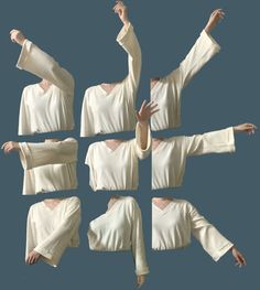 the image is a collection of photos of a woman's torso wearing a white longsleeved shirt.  the images show the shirt from different angles and with the arms in different positions, providing a reference for drawing or designing clothing. the background is a muted bluegray.