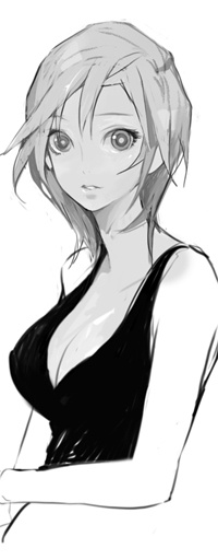 a black and white illustration of a woman with long blonde hair, wearing a black dress and looking at the viewer. she has a slight smile on her face and her long hair is flowing around her shoulders.