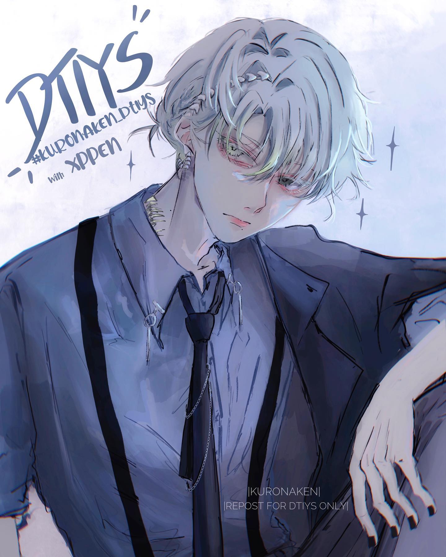 the image is a digital painting of an animestyle boy with silver hair. he is wearing a suit, shirt, tie, and suspenders.  he has earrings and a chain with keys hanging from his shirt. the art style is soft and slightly painterly, with a muted color palette. the background is a light bluegrey wash. text overlay indicates this is fanart, part of a "dtiys" (draw this in your style) challenge, credited to "kuronakeni" and "xppen". the overall mood is stylish, cool, and slightly mysterious.