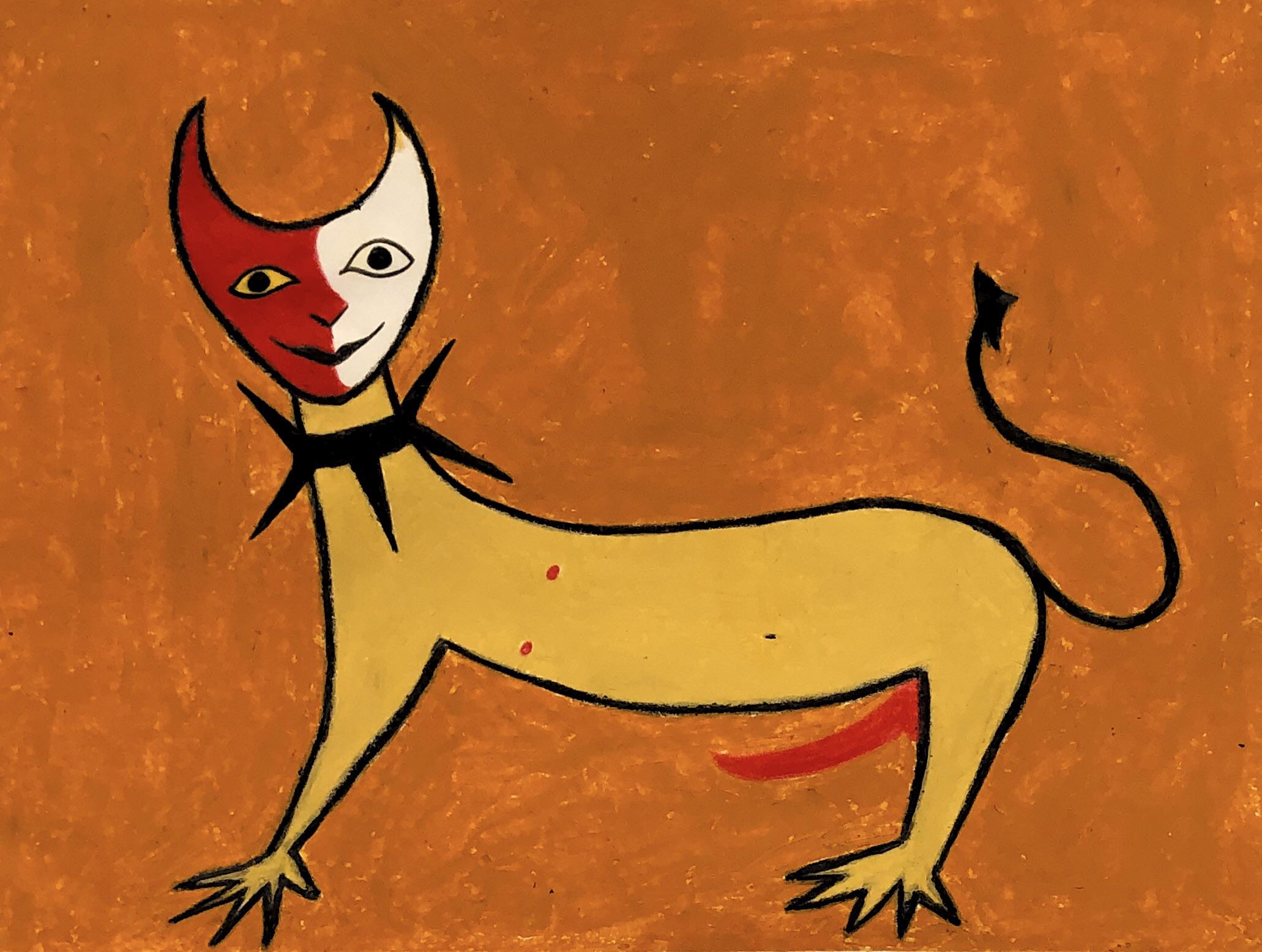 a whimsical painting of a stylized catlike creature. the creature is predominantly yellow with a twotoned face – one side red and the other white. it has horns, a black collar, and a slightly curved tail. the background is a textured orange. the style is reminiscent of folk art or naive art, with simple shapes and bold colors. the overall feel is playful yet slightly unsettling due to the contrasting colors and features of the creature.  the texture suggests the use of crayon, pastel, or gouache.