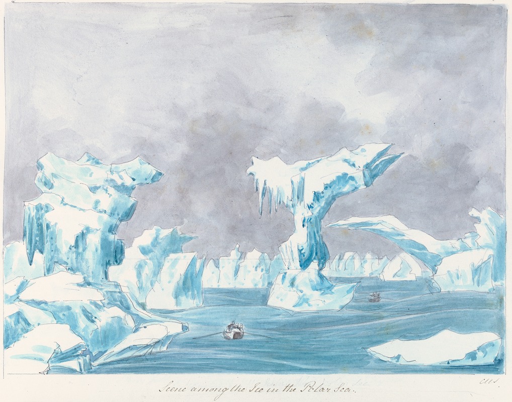 a watercolor painting depicting a scene in the polar sea. large icebergs dominate the landscape, with various shapes and sizes. two small boats are visible on the water between the icebergs. the sky is overcast with grey clouds. the watercolor technique emphasizes the cool tones of the ice and water.