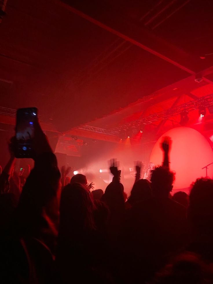 the image captures a vibrant concert scene bathed in intense red lighting.  the focus is on a crowd of silhouetted individuals with their hands raised in the air, engrossed in the performance. one person is seen holding up a cell phone, likely recording the event.  the red lighting creates a dramatic and energetic atmosphere, obscuring many details but emphasizing the movement and excitement of the concert.  a large, round screen or backdrop is visible in the background, further adding to the stage production. the overall mood is one of lively engagement and intense musical experience.