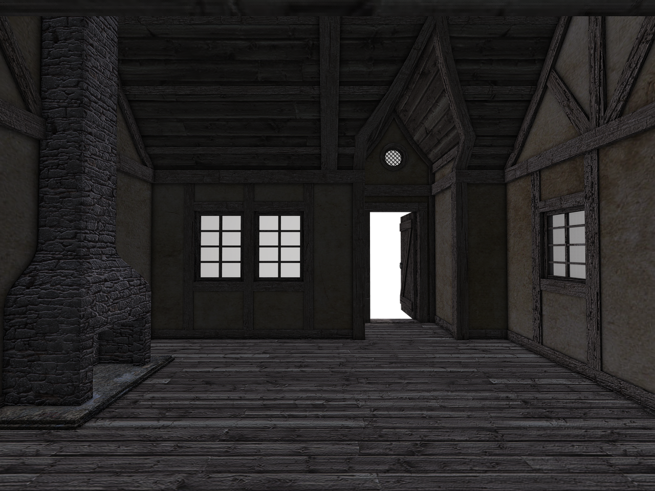 a dimly lit interior of a room featuring a stone fireplace on the left, a window on the right, and an open door in the center. the room has a wooden floor, and the walls are made of a combination of wood and plaster. the architecture appears to be old and rustic.
