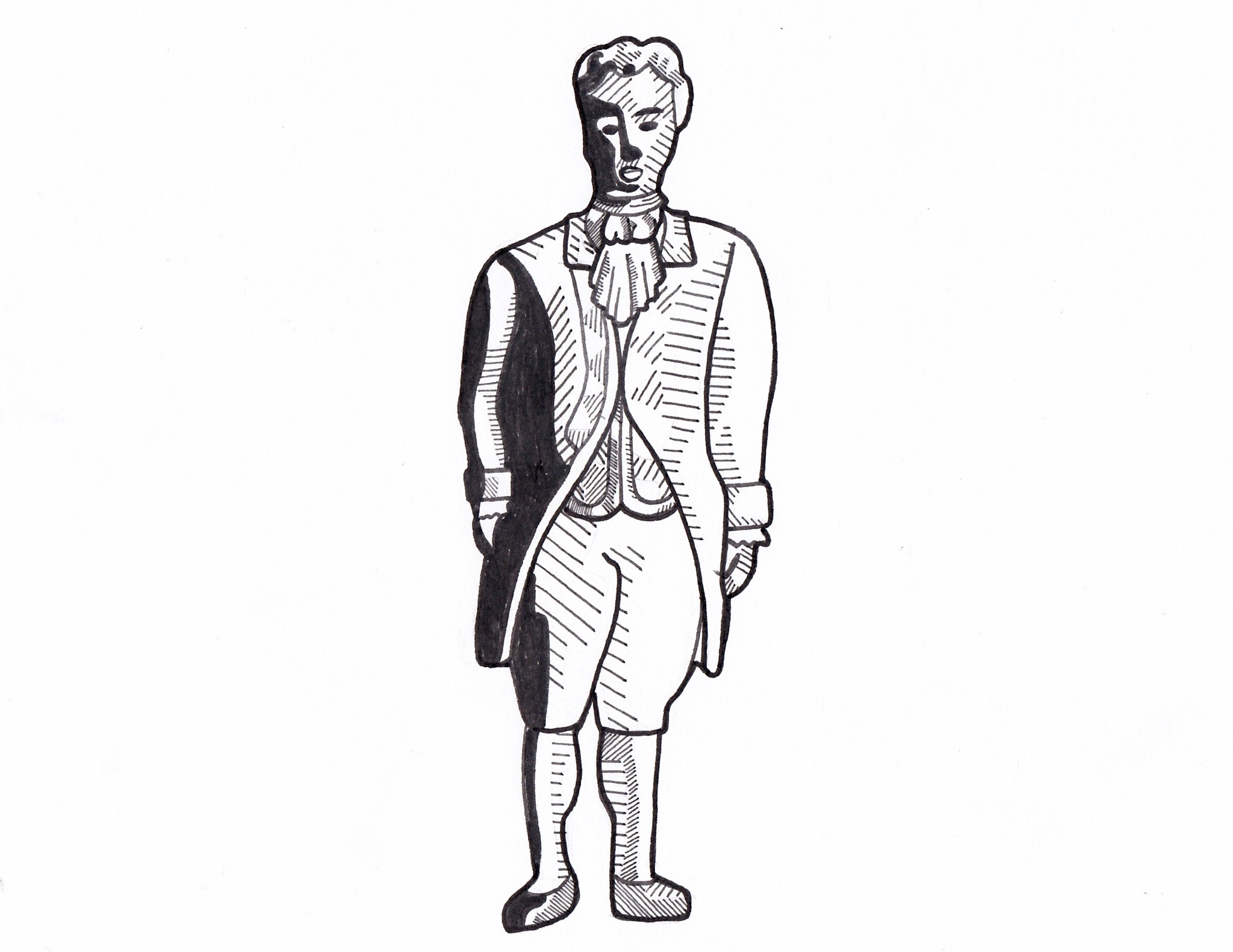 the image is a black and white drawing of a man in colonial attire. the man is facing forward.  the style of the drawing evokes vintage artwork and woodcuts.