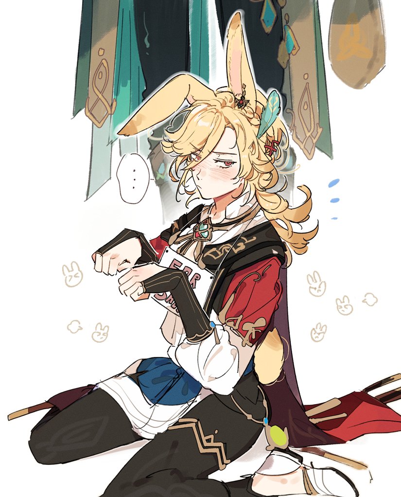 this is a digital drawing of a male anime character with rabbit ears. he's wearing a red and white outfit, has blonde hair, and a tired expression on his face. he's sitting with his arms crossed and is holding a sign in his hands that says "ear smoosh." the background is a light white with some drawings of rabbits.