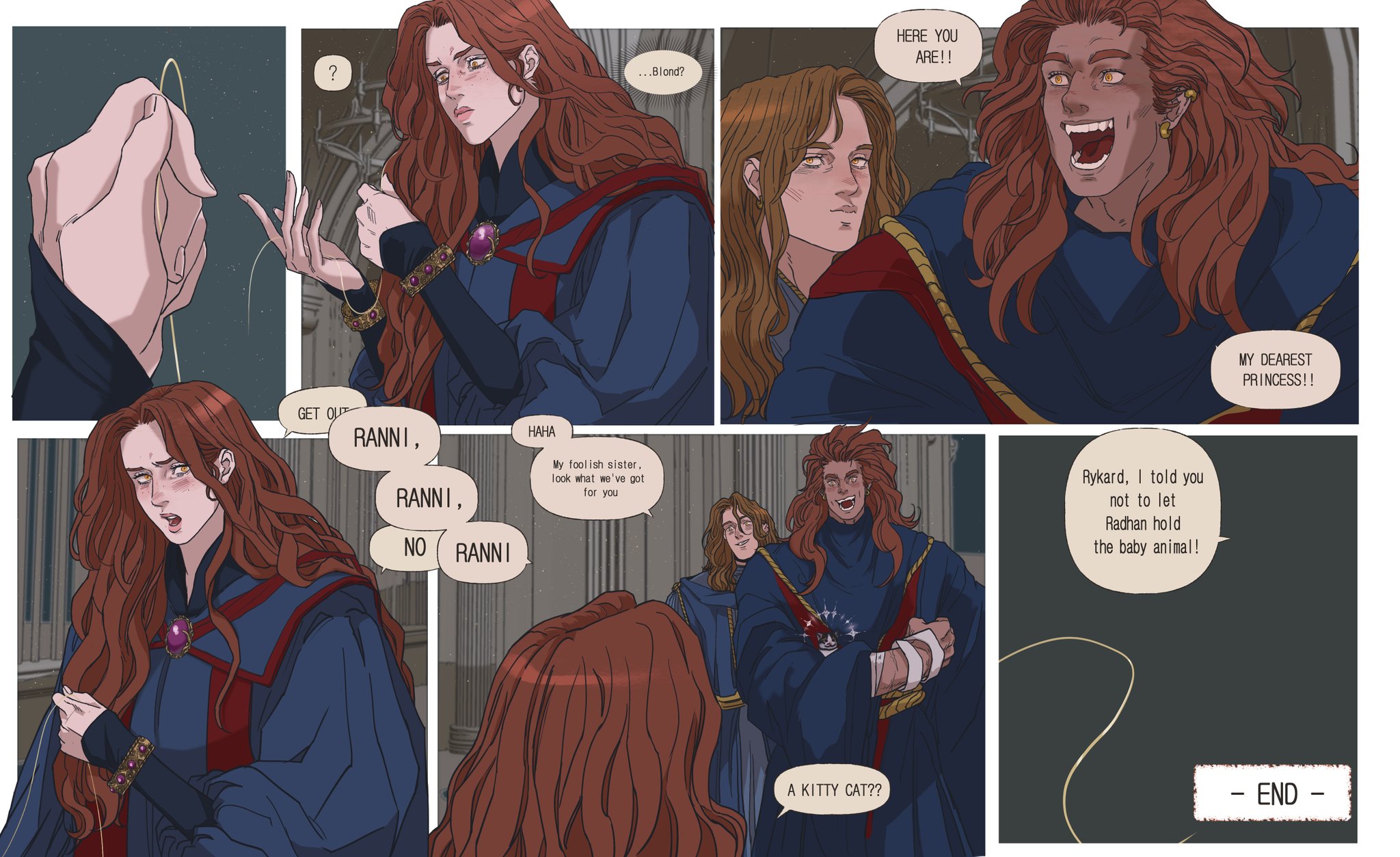 a comic strip depicting a scene with the characters ranni, rykard, and radhan. ranni is shown using magic and reacting to her brothers. rykard and radhan are presenting ranni with a kitten, which she appears unhappy about. there is speech between the characters, indicating a conflict or disagreement. the setting appears to be a medievalinspired or fantasy realm, given the characters' clothing and the architecture. the comic ends with a note "end".