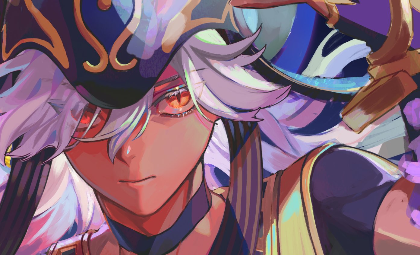 a closeup portrait of a young anime character with white hair, vibrant gold and purple eyes, wearing a gold and black hat, a gold and purple scarf, and a purple and gold outfit. the image is a digital illustration and appears whimsical and mysterious, showing a dynamic pose and vibrant colors.