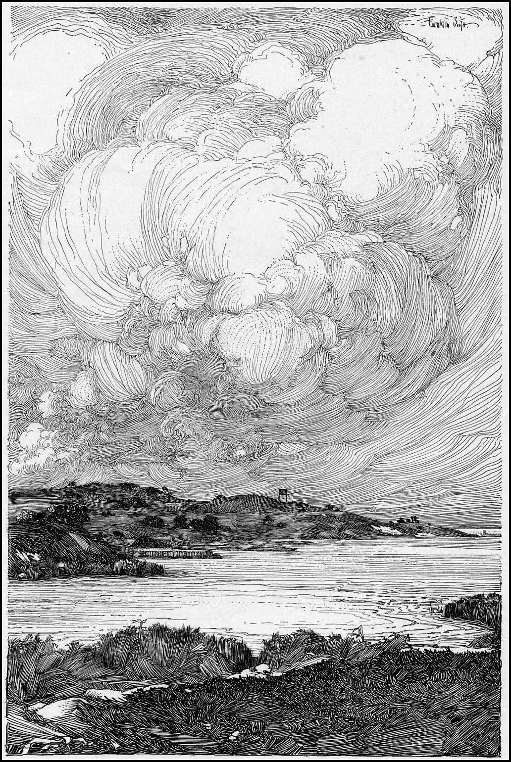 this is a black and white line drawing, possibly a pen and ink illustration, depicting a dramatic landscape. the sky dominates the upper twothirds of the image, filled with densely textured, swirling clouds rendered with fine lines suggesting movement and depth. the lower third shows a calm body of water, possibly a lake or bay, with lowlying hills or land in the middle ground. sparse vegetation is depicted along the water's edge, and a small towerlike structure is visible on one of the hills. the overall style is detailed and evocative, creating a moody and atmospheric scene. the image has a vintage or antique feel, likely from a book or print.