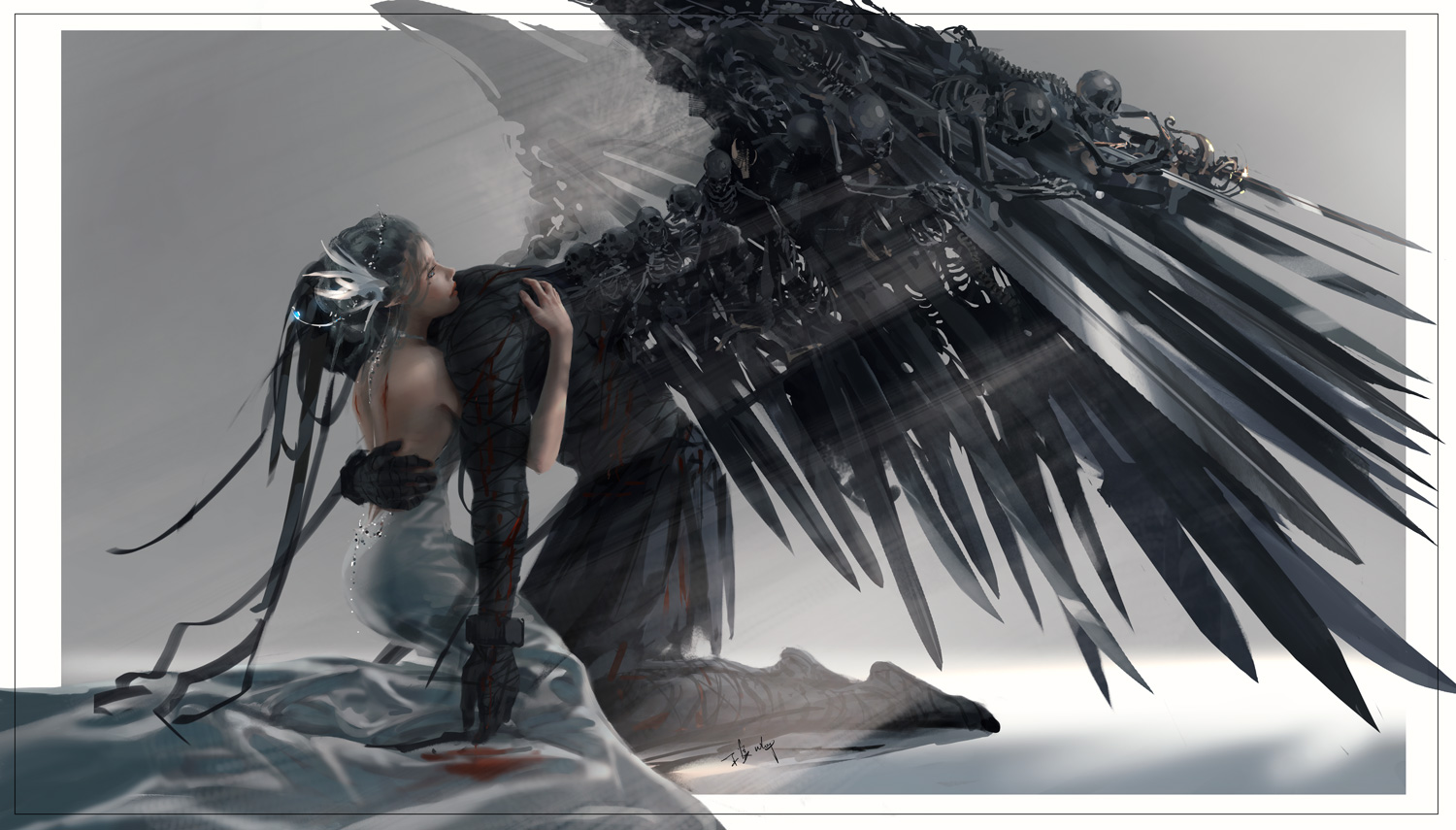 a woman in a white dress is embracing a fallen angel. the angel has large black mechanical wings, which are spread out behind him. the scene is lit by a bright light, and the colors are mostly black, white, and grey.