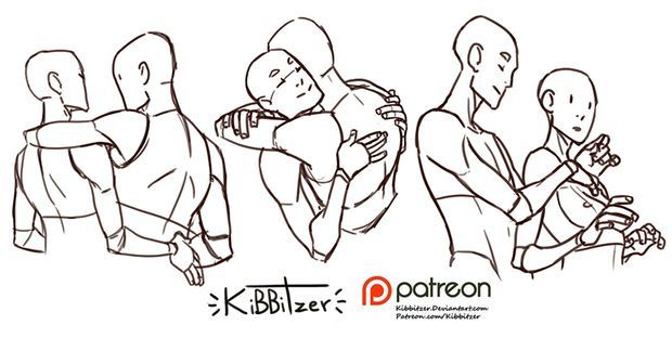 this is a drawing of 3 different couples hugging. they are all drawn in a simple lineart style and show various ways to hug. they are all drawn in a relaxed pose, with their arms around each other. they are all looking at each other.