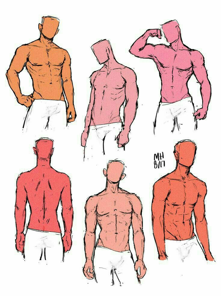 this image shows a drawing of six male figures in various poses. they are all drawn in a simple, line art style with no details other than their musculature. the figures are all facing forward and their hands are at their sides. the drawing appears to be a study of male anatomy and muscle structure.