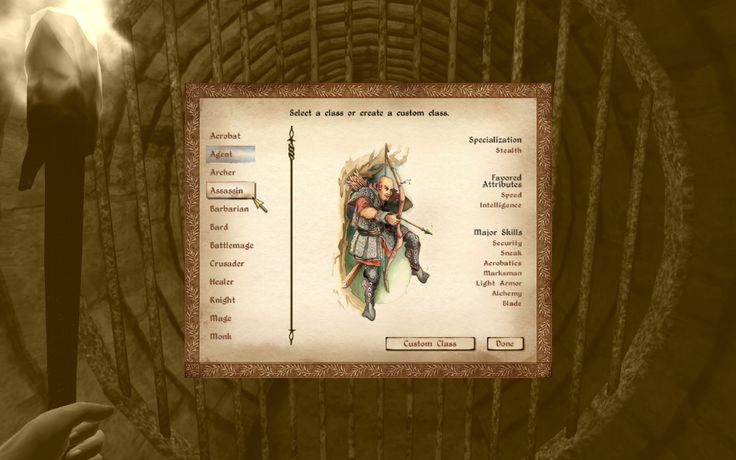 the image shows a character creation screen from a roleplaying game. the player is selecting a character class, and the interface features a list of class options, including "archer," "barbarian," and "crusader." the screen also displays information about the chosen class, such as their specialization, favored attributes, and major skills.  the background appears to be a stylized wooden or stone wall.