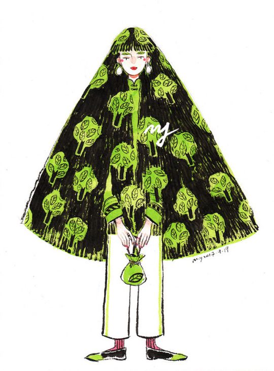 this handdrawn illustration showcases a woman wearing a unique outfit. her black hair is long and flows down her back, creating a capelike effect. the cape is decorated with a pattern of green leaves, giving the woman a woodland aesthetic. her attire includes a black and white top, white pants, and black shoes. she carries a small green bag in her hand. the illustration is drawn in a whimsical style, with bold lines and vibrant colors. the artist's signature is visible in the lower right corner.