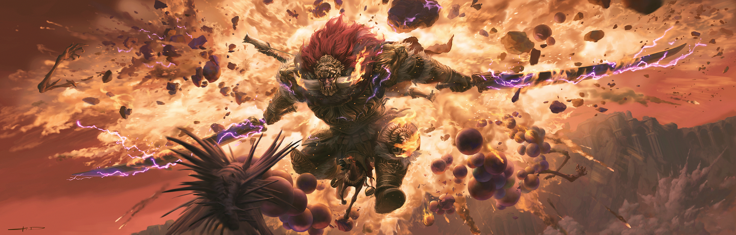 a powerful warrior with glowing red hair and armor is depicted midair amidst a fiery explosion. he brandishes two glowing swords, his expression fierce and determined. below him, a monstrous creature with spiky protrusions attempts to defend itself as rocks and debris are flung through the air. the scene is bathed in warm, fiery hues, with a low angle emphasizing the warrior's dominance and the sheer power of the explosion.