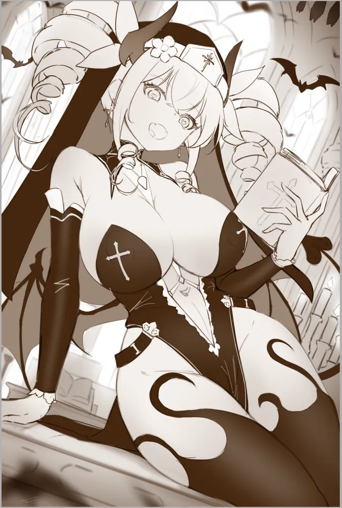 sepiatoned illustration of an animestyle girl dressed as a nun with devilish horns and wings. she is holding a book and has a suggestive pose. the background features a gothicstyle church. the style is a mix of cute and suggestive.