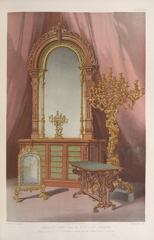 the image is an antique illustration or print showcasing a group of ornate furniture. the central piece is a large, decorative mirror with an arched top, flanked by smaller columns, and resting on a sideboard with multiple drawers. in front of the mirror, on the left, stands a smaller, framed mirror with a decorative edge. to the right of the sideboard, a tall, golden candelabra with many arms is featured. a small table with a green top and ornate legs sits in the foreground. the backdrop is a soft, draped fabric. the overall style suggests victorianera design.