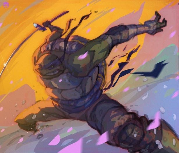a digital illustration of donatello from the teenage mutant ninja turtles franchise. he is shown midaction, with his katanas in hand, in a pose suggestive of speed. he's dressed in his classic purple bandana and his shell is visible. his signature weapon, a bo staff, is visible strapped to his back. the background is a vibrant blend of orange, yellow, and purple.