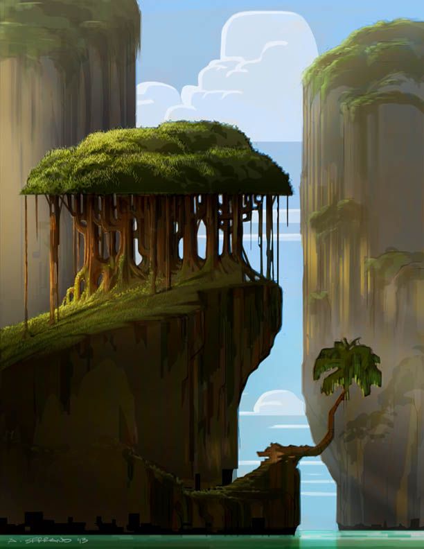 the image is a digital painting of a landscape featuring cliffs, trees, and water. a large tree with extensive root systems overhangs the edge of a cliff on the left. on another cliff on the right, a palm tree grows. the scene is set against a sky with clouds, and the water below reflects the light. the color palette is dominated by shades of green and brown, with hints of blue from the sky and water.