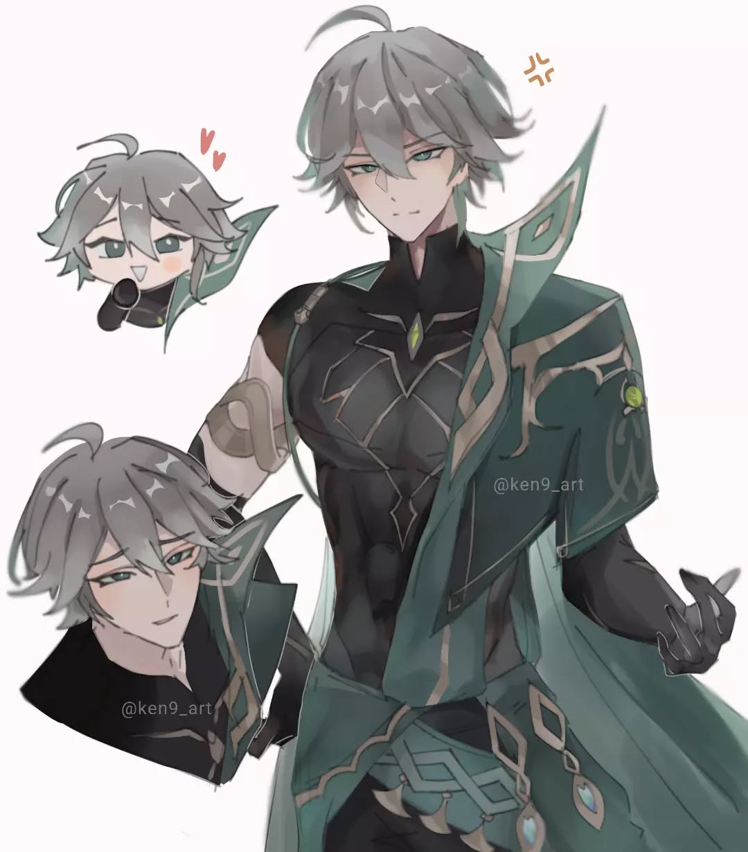 the image is a digital fanart depicting the genshin impact character albedo in three different styles.  the main focus is a stylized, more mature and imposing depiction of albedo in an elaborate green and black outfit.  two smaller, secondary images show chibistyle versions of albedo: one a very cute, almost childlike portrayal, and the other a slightly more mature but still softer looking chibi.  the art style is soft, with a focus on smooth lines and muted colors, creating an elegant and aesthetically pleasing piece of fanart. the background is plain white, drawing all attention to the character.  the artist's watermark (@ken9_art) is present on the image.
