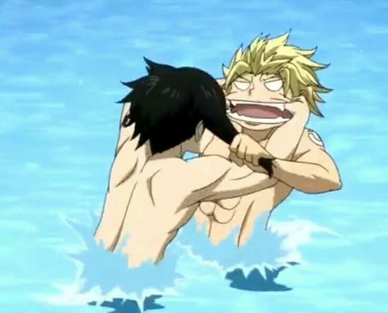two muscular anime men with exaggerated features are playfully fighting in a bright blue body of water. the man in front has dark hair and is holding the other man's face. the other man has spiky blonde hair and a wide, comical grin.