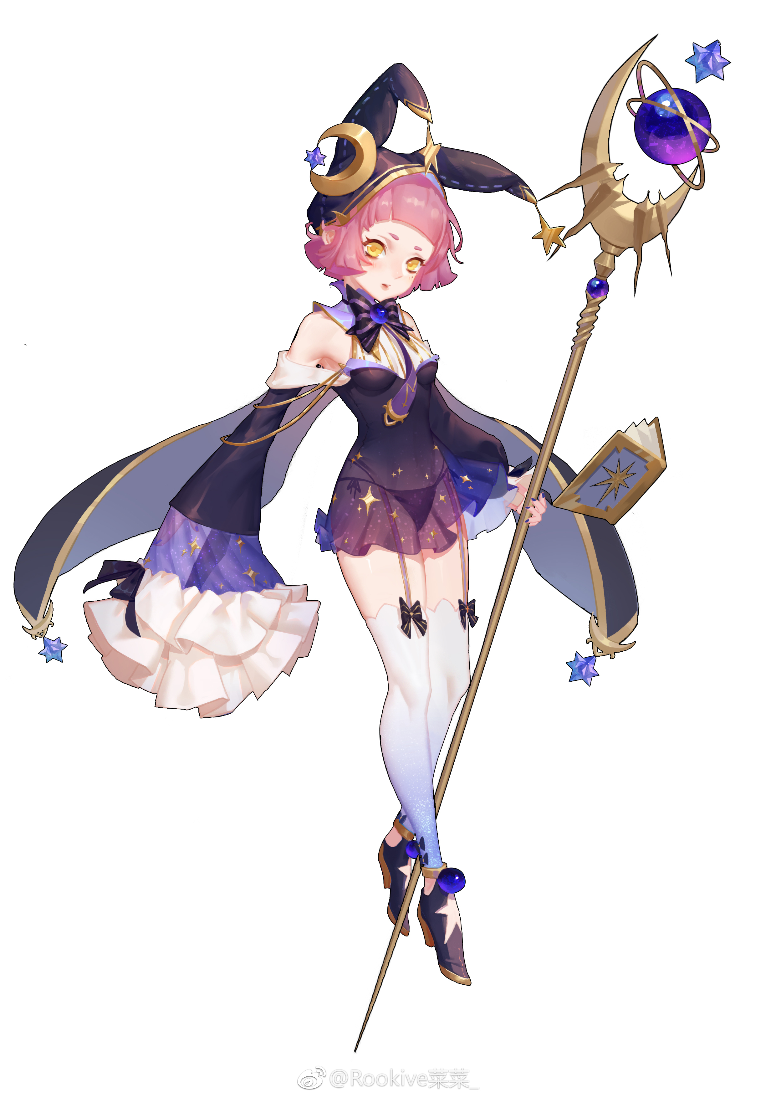 this is a digital art illustration of a cute anime girl in a magical outfit. she has pink hair, and is wearing a hat with a crescent moon, a dress with stars, and stockings. she is holding a staff with a crescent moon and stars on it. the background is white.