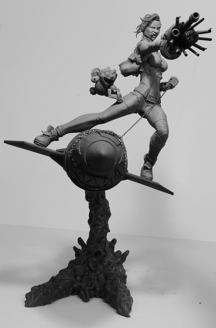 a black and white image of a highly detailed sculpture of a female character in a dynamic pose. she is standing on a rocketpropelled platform, wielding a large gun. she has a mischievous grin on her face and a small, grotesque creature perched on her leg. the sculpture is set against a plain white background, emphasizing its intricate details. the lighting is bright and even, highlighting the contours of the figure.