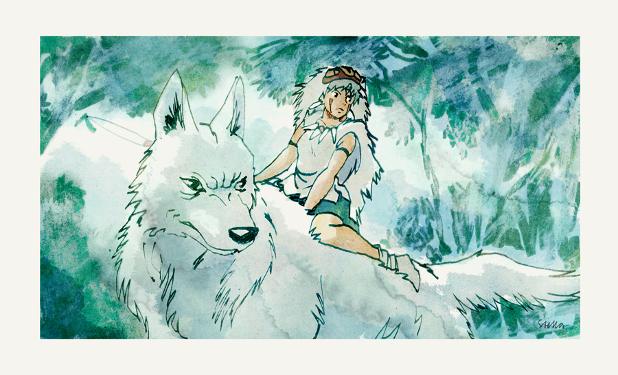 a watercolor and ink drawing of a boy with brown hair wearing a white headband and green shorts, sitting on the back of a large white wolf with sharp teeth. the wolf and boy are surrounded by green trees and foliage.  the scene takes place in a forest and the lighting is natural.
