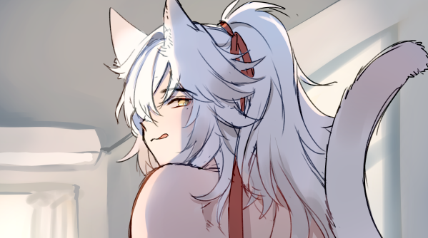 a digital illustration of an anime girl with white hair, cat ears, and a red ribbon looking to the side. her tail is visible behind her.