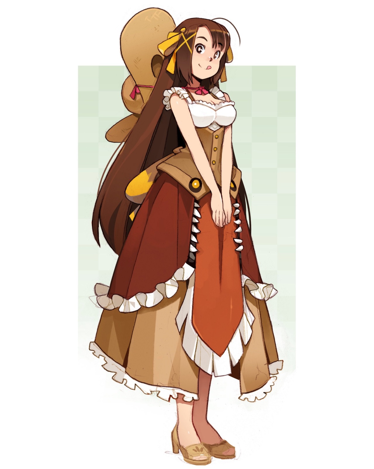 a young woman with long brown hair and brown eyes stands against a plain, offwhite background. she wears an elaborate, brown and cream dress with exaggerated ruffles and a large, pointed collar. the dress has a whimsical, almost fantasylike design. she is drawn in a typical anime style with large eyes and exaggerated features. the lighting is soft and diffused, creating a gentle atmosphere.