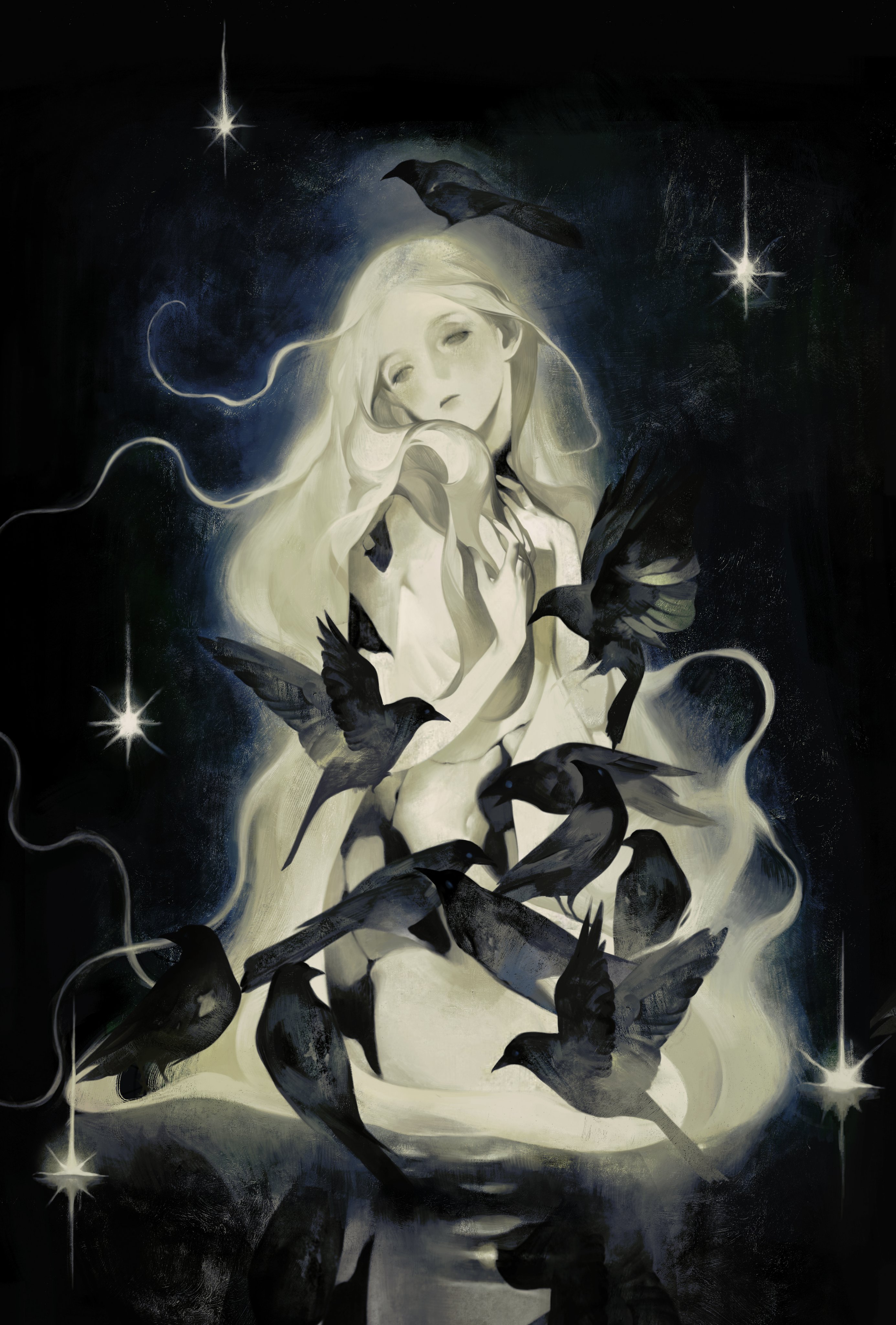 a digital painting of a young woman with long, white hair and a pale complexion. she is surrounded by a flock of crows and stars in a dark and ethereal sky. the woman appears to be fading into the clouds, with a dreamy and mystical aura about her.