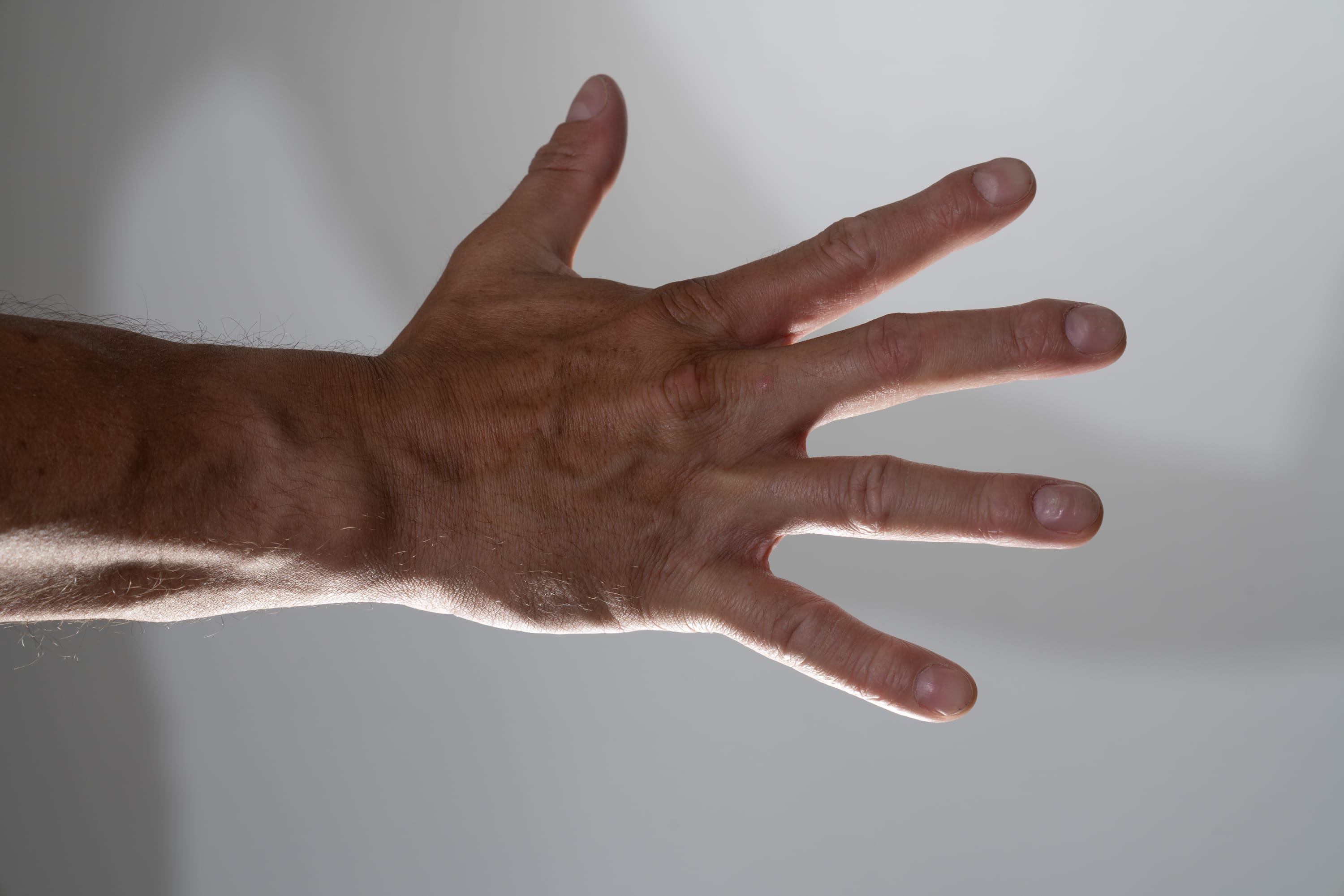 a man's hand is extended, showing the palm and five fingers spread apart against a white background. the hand is positioned slightly to the left, with the fingers pointing upwards. the hand has light brown skin with visible veins and hair. the background is plain white, indicating a studio setting. the lighting is bright and even, highlighting the details of the hand.