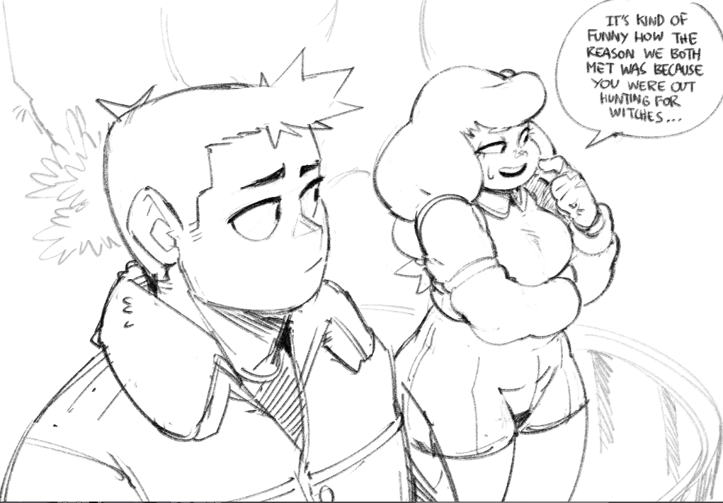 a black and white drawing of a boy and a girl talking. the boy is wearing a jacket and the girl is wearing a dress. they are talking about how they met. the speech bubble above the girl says "it's kind of funny how the reason we both met was because you were out hunting for witches...".  the boy has spiky hair and the girl has long hair. they are both smiling.
