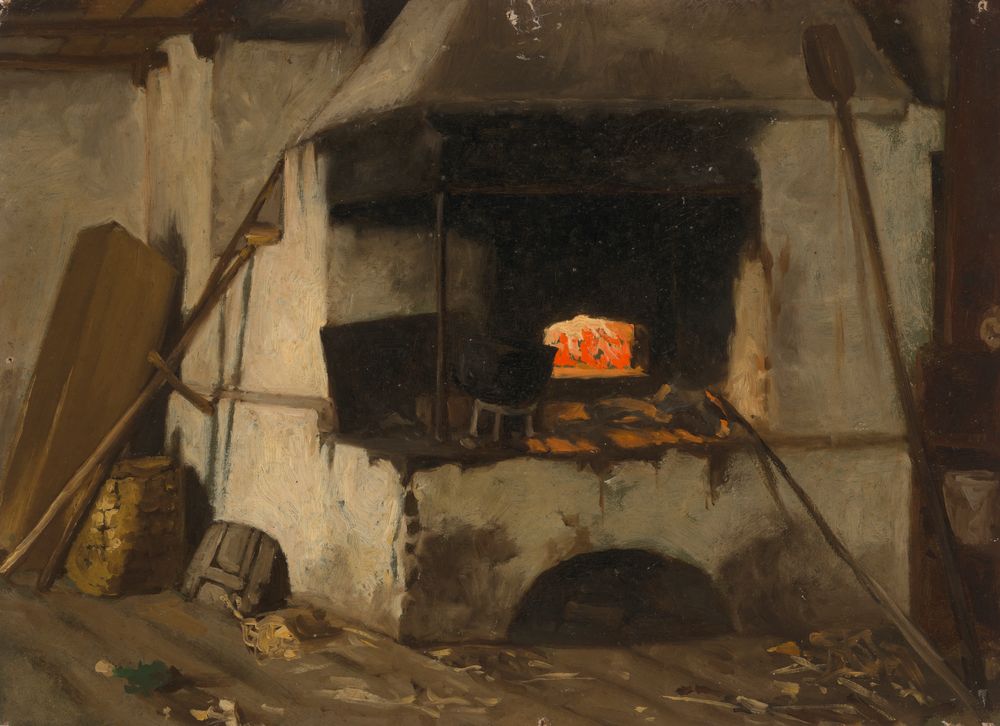 the image is an oil painting depicting an indoor scene with a large fireplace as the central focus. a fire is burning inside the fireplace, casting a warm glow on the surrounding area. various kitchen utensils, including longhandled paddles, are leaning against the walls near the fireplace. firewood is stacked near the base of the fireplace. the style of the painting is rustic and suggests a rural or oldfashioned kitchen setting.