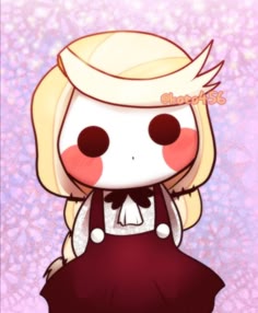 a cute anime girl is smiling in a pink and red dress. she has blonde hair with white accessories, and a white blouse with red straps. the background is pink with white dots and lines.
