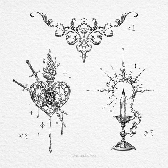 the image showcases three distinct tattoo designs rendered in a black and white fine line style.  they feature ornate and detailed elements evocative of baroque or rococo aesthetics with a touch of gothic influence. design #1: an elegant, symmetrical floral or foliate design, reminiscent of scrollwork found in architectural ornamentation. design #2: a sacred heart depiction pierced by two swords, featuring flames and dripping blood.  the heart is intricately detailed with ornate flourishes. design #3: a candle lit within a decorative holder; the flame is surrounded by a radiating burst of stylized lines suggesting light or energy.each design is numbered and presented on a clean white background, ideal for tattoo inspiration or flash sheets. the overall style is dark, romantic, and slightly macabre.