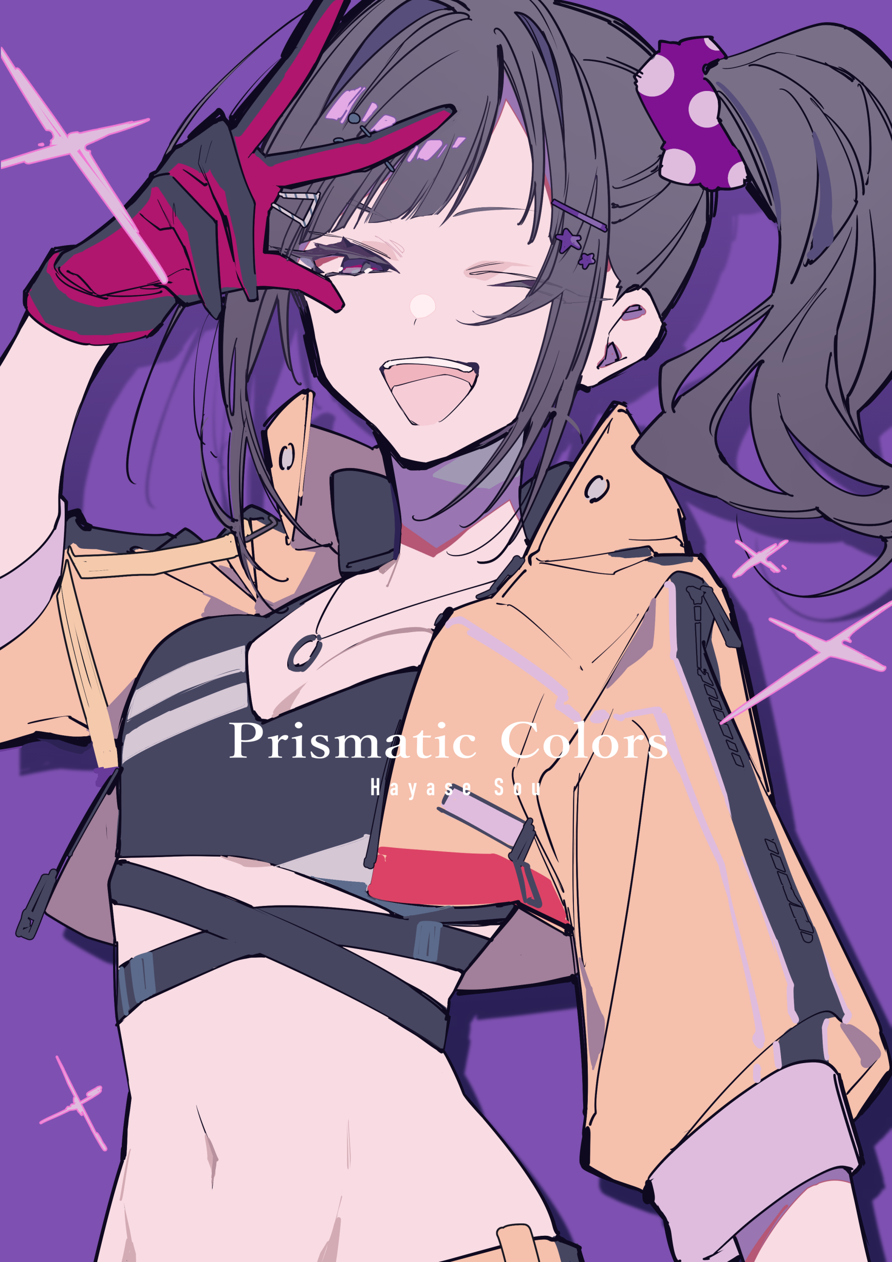 an anime girl is shown in the image. she has dark hair in pigtails tied with purple polkadotted scrunchies. she's winking and holding up a peace sign with a gloved hand. she wears a short, tan jacket over a black crop top, with a silver necklace. the background is purple with stylized white crosses.