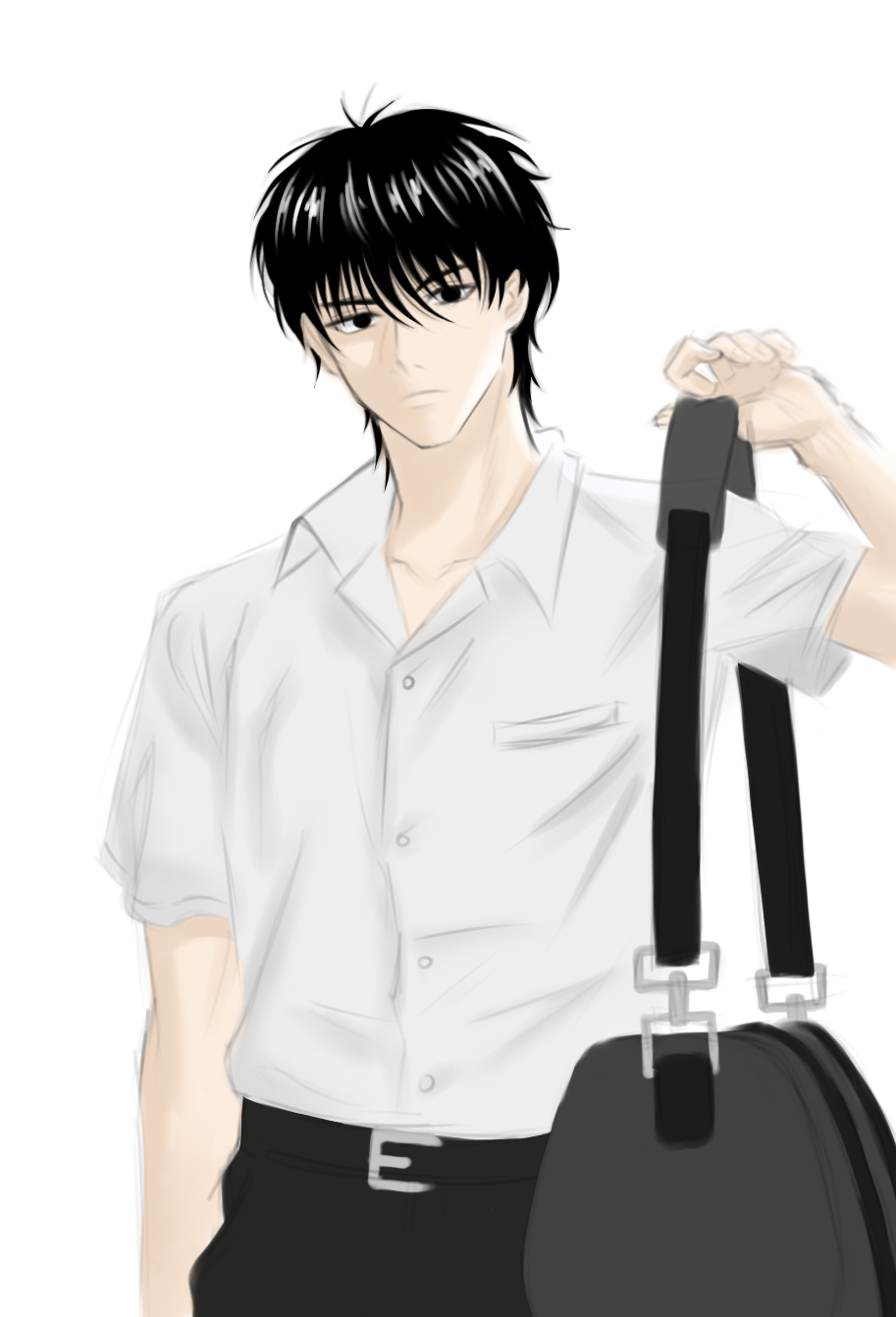 the image is a digital drawing or illustration in a semirealistic anime style. it depicts a young man, possibly a teenager, with short black hair, wearing a white collared shirt and black pants, typical of a school uniform. he has a calm, almost serious expression. he is carrying a black shoulder bag or messenger bag over his shoulder. the overall style is relatively simple and clean, utilizing grayscale tones. the background is plain white. the focus is on the character’s likeness and attire.