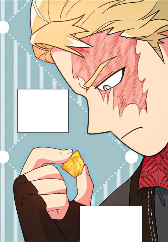 an illustration of a fairskinned man with blonde hair and a large red scar over his right eye. he's wearing a black collared shirt with red detailing and a black glove on his left hand.  he's holding up a small, square cracker between his thumb and index finger and appears to be looking intently at it. there are two blank speech bubbles beside his head. the background is a light blue with white stripes and white circles.
