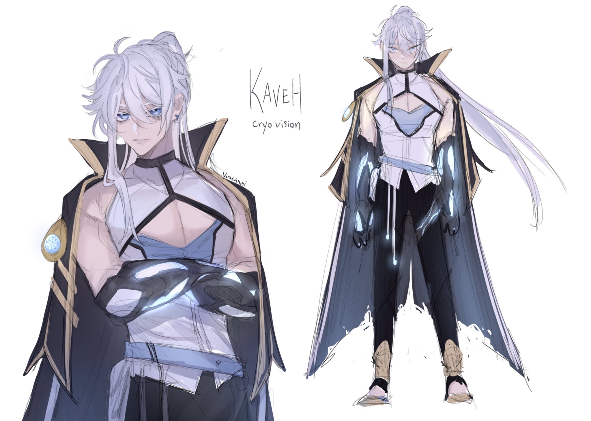 an illustration of kaveh, a character from the popular video game genshin impact. he's a male character with white hair and blue eyes. he's wearing a white and blue outfit, and he's holding a sword. he has a cryo vision. the image is in a manga/anime style.